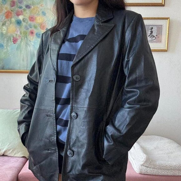 Black Leather Blazer Trench Coat - Picture 4 of 8